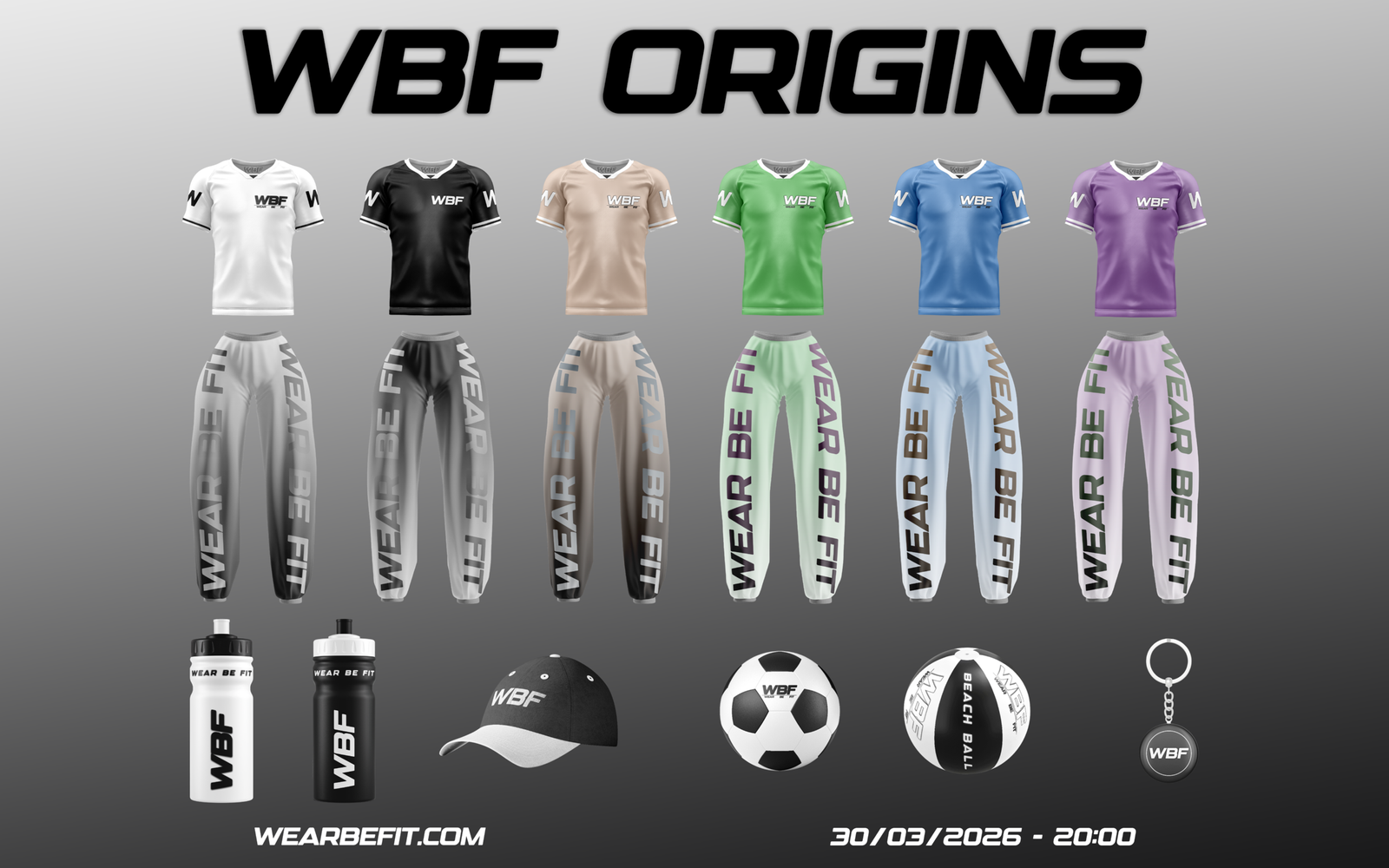 Colección WBF Origins con camisetas, pantalones y accesorios deportivos en varios colores