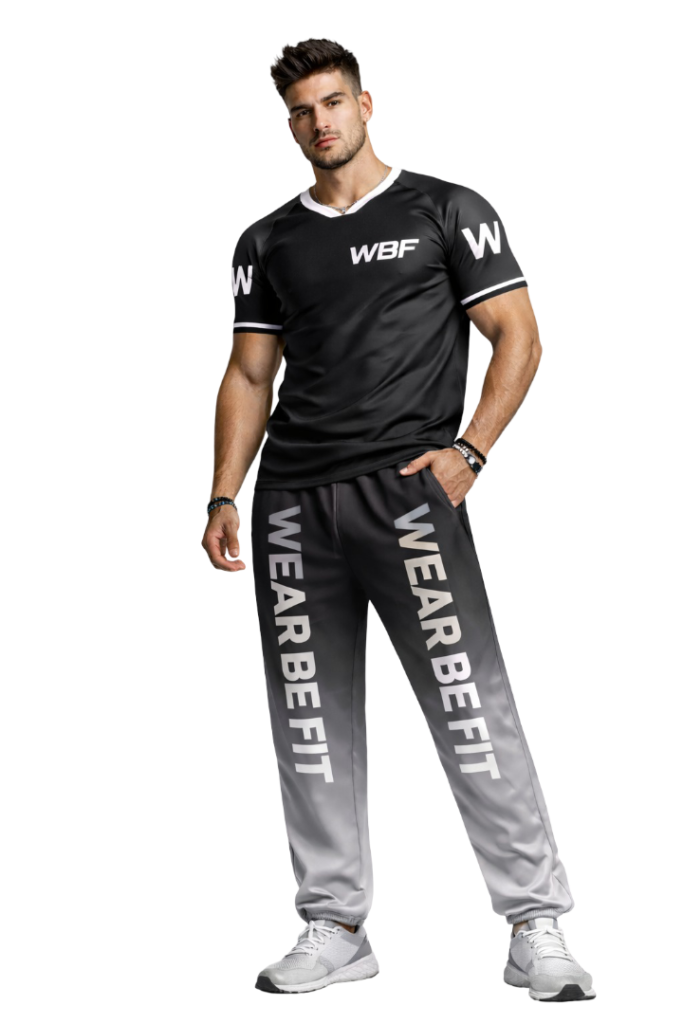 Conjunto deportivo Wear Be Fit en tonos negros y grises con logo WBF