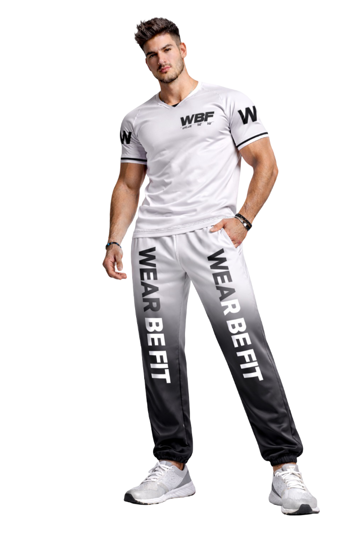 Conjunto deportivo Wear be fit en tonos blancos y negros con logo WBF