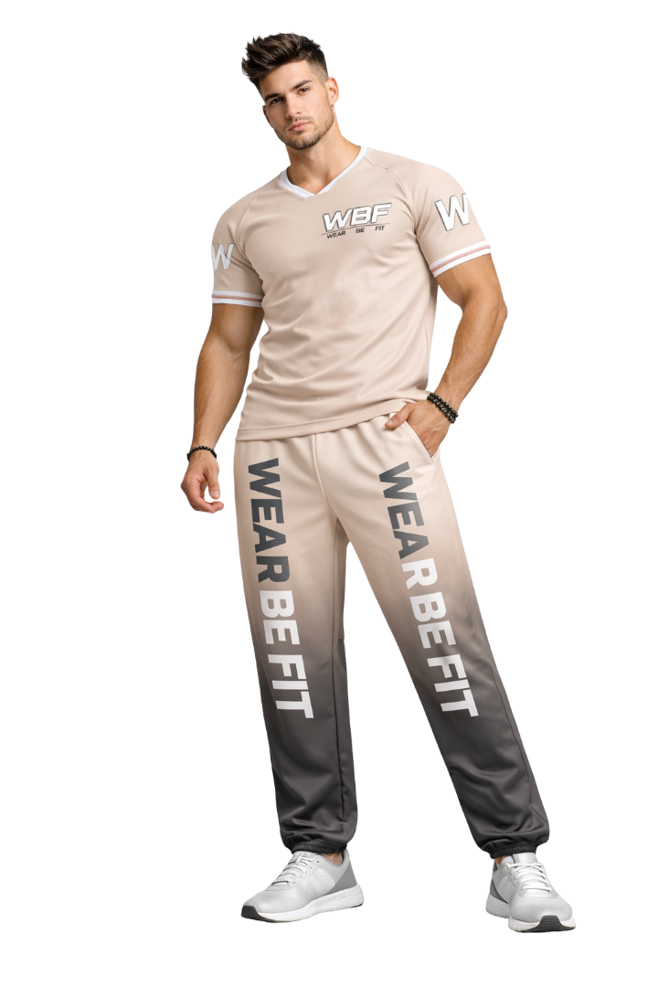 Conjunto deportivo Wear be fit en tonos beige y gris con logo WBF
