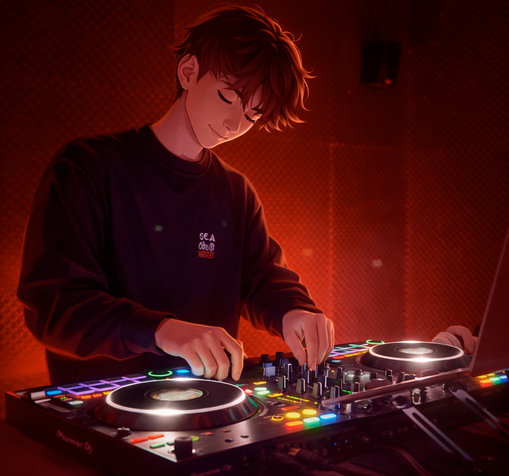 Joven DJ mezclando música en una mesa de mezclas con luces rojas