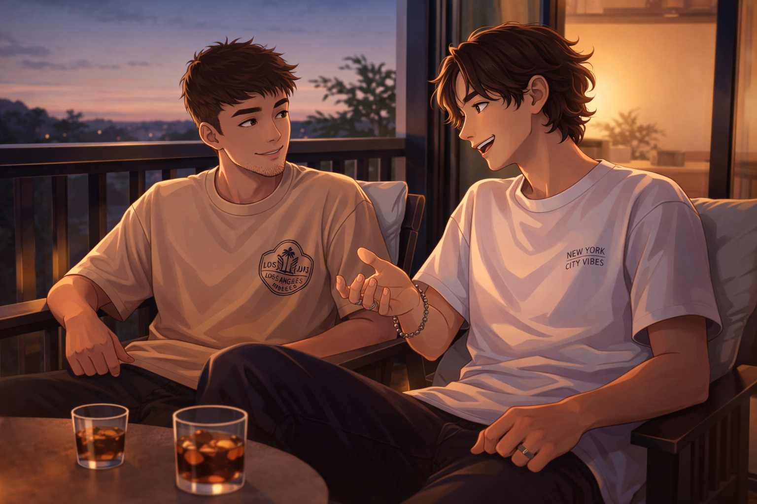 Ilustración de dos jóvenes charlando en una terraza al atardecer