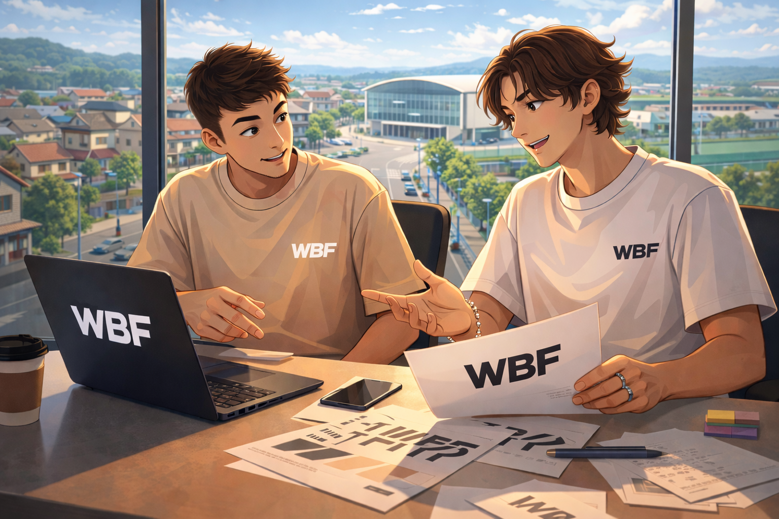 Dos jóvenes trabajando con portátiles y documentos de la marca WBF en una oficina