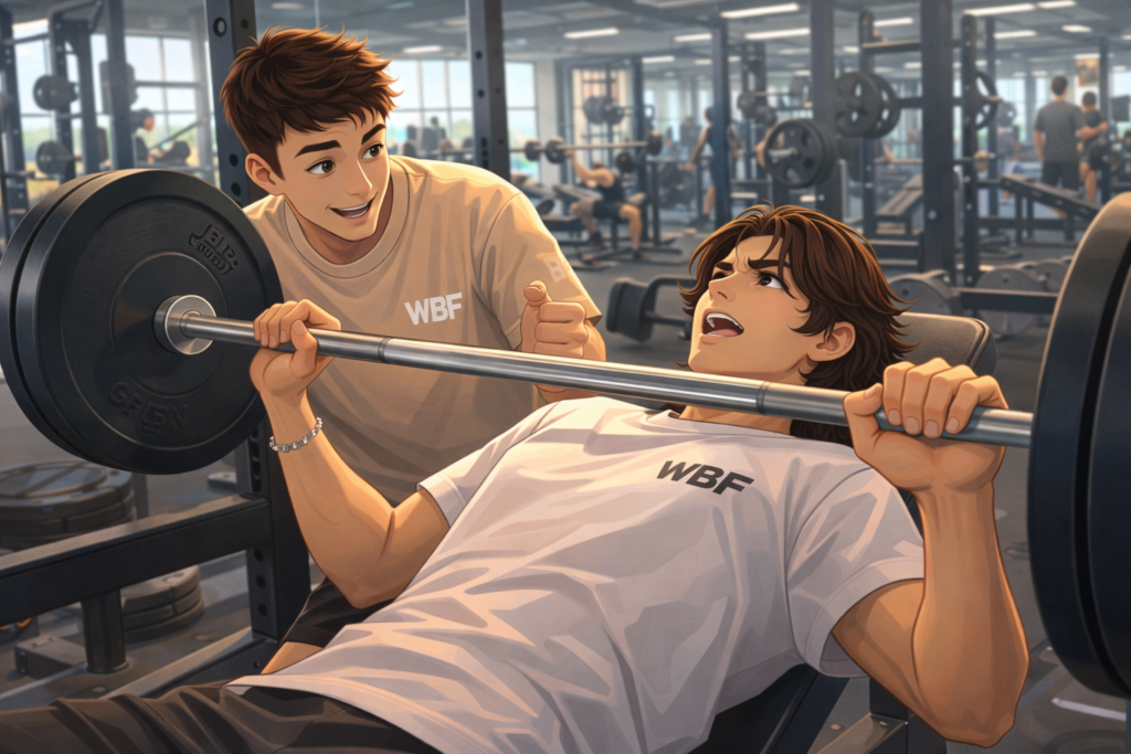 Dos jóvenes entrenando press de banca en el gimnasio con camisetas WBF