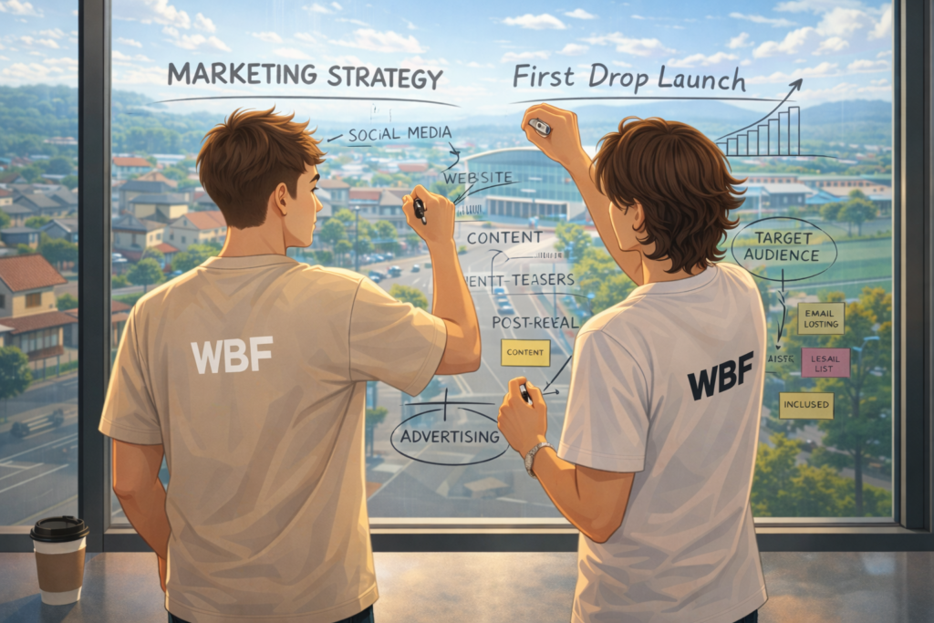 Dos jóvenes diseñando estrategia de marketing WBF en una pizarra de cristal