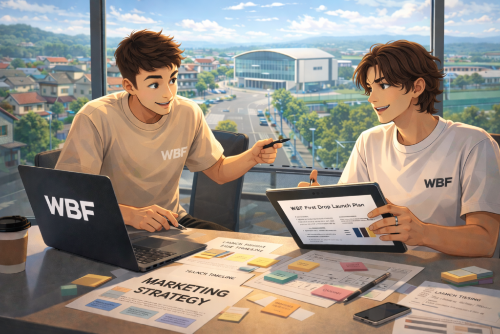 Dos jóvenes planificando estrategia de marketing WBF con portátil y tablet en oficina