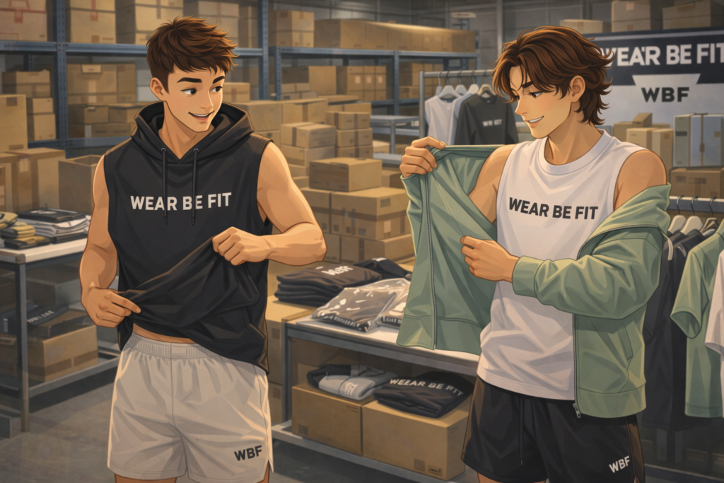 Dos jóvenes revisando ropa deportiva Wear Be Fit en almacén