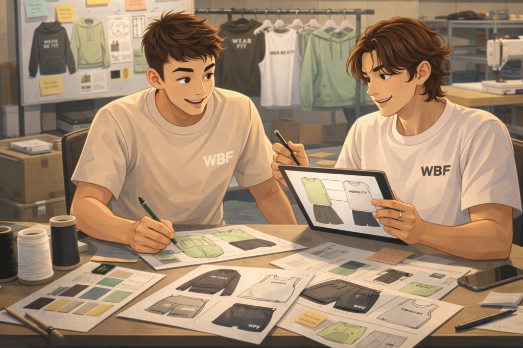 Dos jóvenes diseñando ropa deportiva WBF con bocetos y tablet en estudio