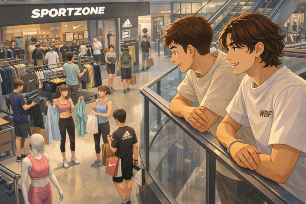 Dos jóvenes observando una tienda deportiva en centro comercial con clientes comprando