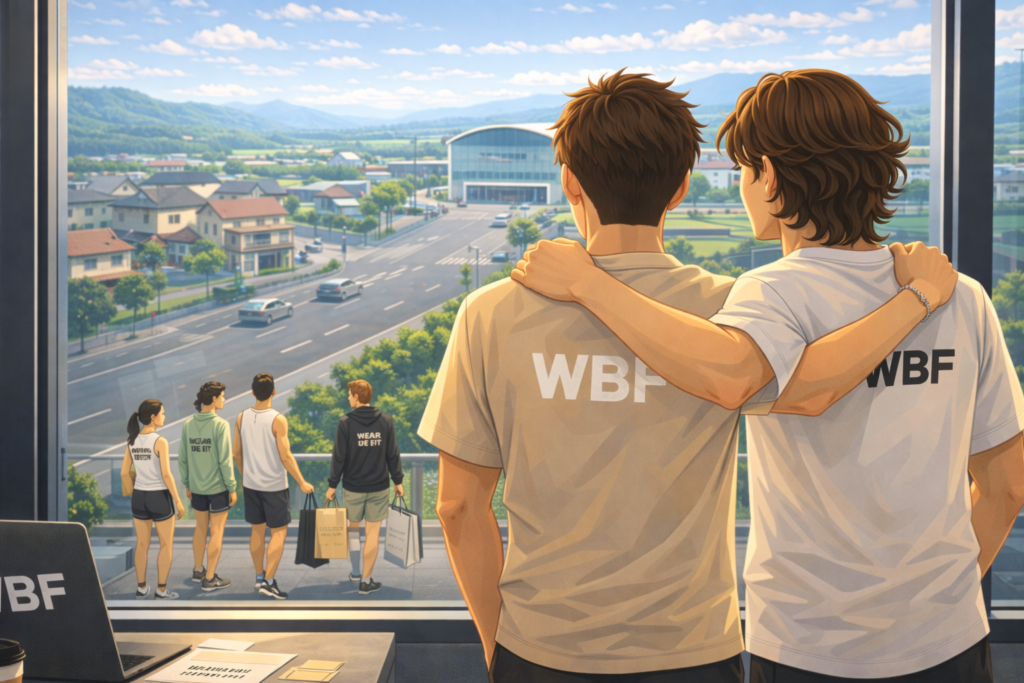 Dos jóvenes con camisetas WBF observando clientes desde una oficina