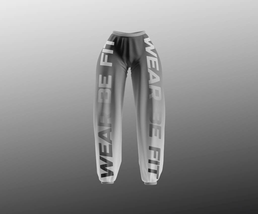 Pantalón deportivo unisex con cintura elástica y puños grises, en color negro, con el mensaje “WEAR BE FIT” impreso verticalmente en ambas piernas.
