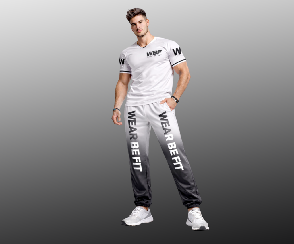 Conjunto deportivo Wear be fit en tonos blancos y negros con logo WBF
