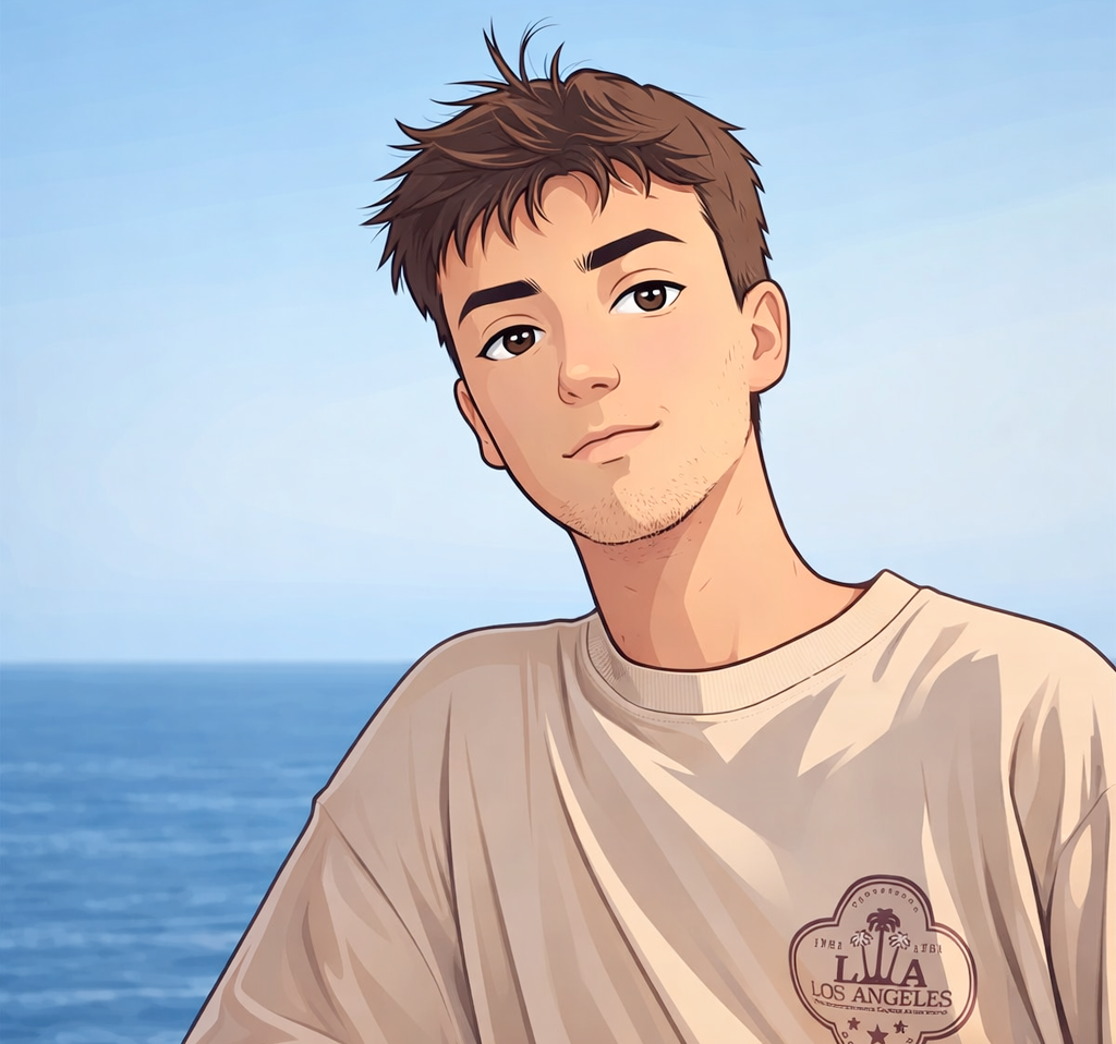 Ilustración de un joven con camiseta beige frente al mar